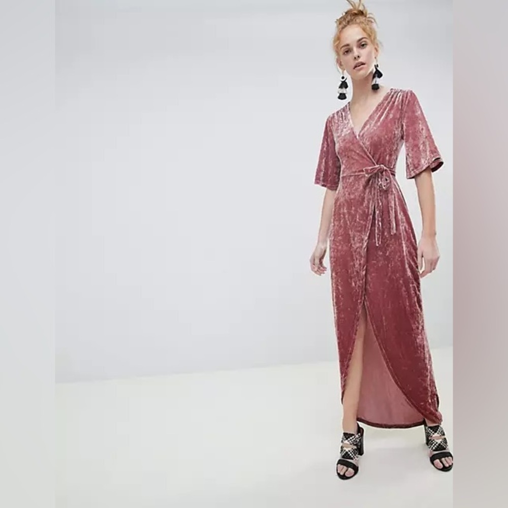 NWT Moves By Minimum for ASOS Velvet Wrap Maxi Dress in Orchid Rose
